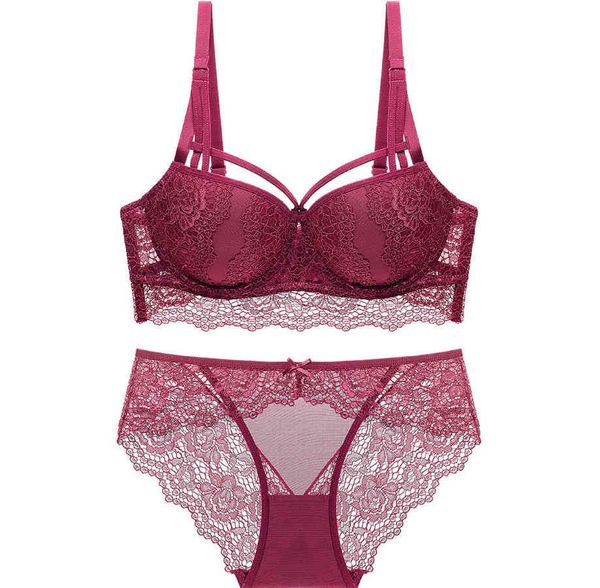 

bra set french three row lace women's gathering underwear 28890, Red;black