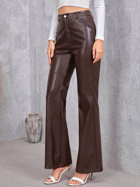 

high waist pu leather flare leg pants 16up#, Black;white
