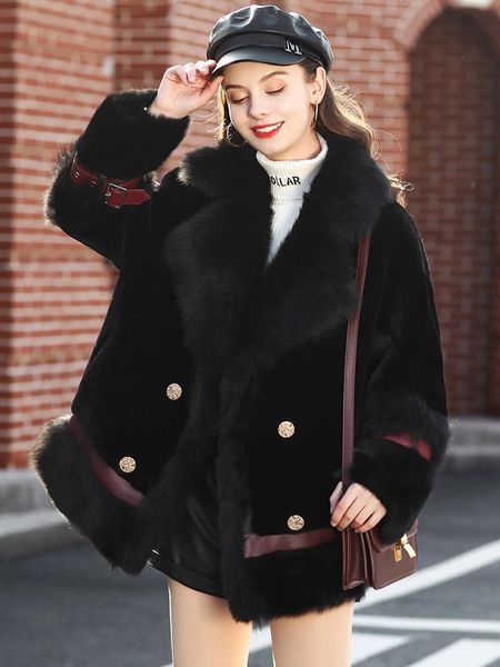 

women's fur & faux winter jacket coat women real fs21137, Black
