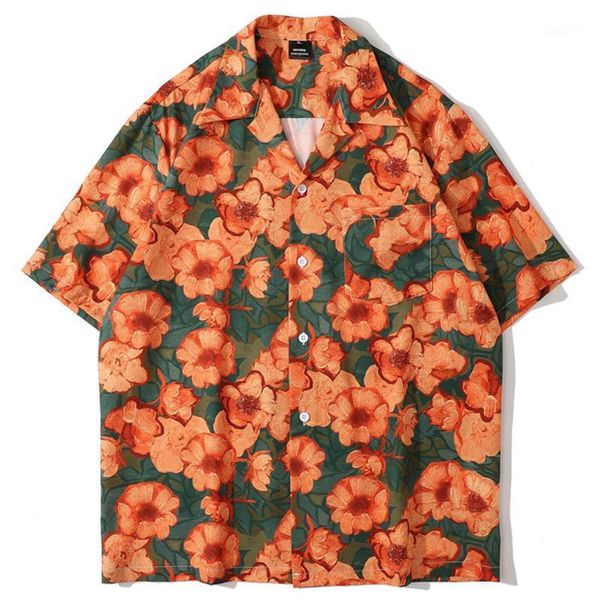 

men's casual shirts men oil painting full print shirt tide brand hip-hop oversize retro loose short-sleeved square collar, White;black