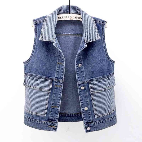 

women's vests 2021 spring women denim vest casual short stripe splicing big pocket sleeveless jacket waistcoat ladies plus si, Black;white