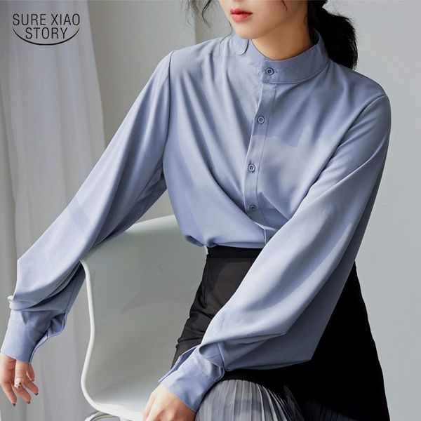 

camisas mujer casual long sleeve cardigan chiffon women's blouse summer vintage solid stand collar women blouses 5262 50 210417, White
