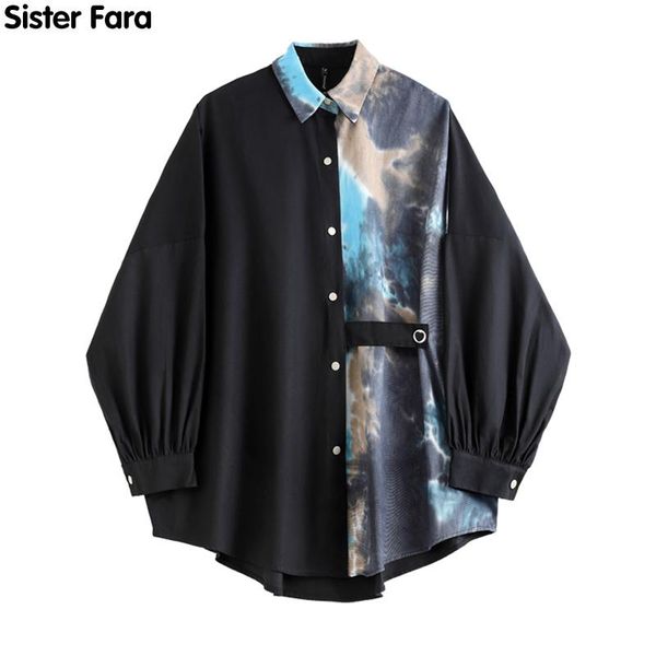 

women's blouses & shirts sister fara spring 2021 print patchwork women puff sleeve single breasted blouse female turn-down collar loose, White