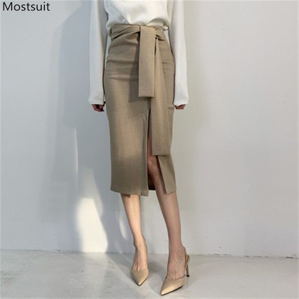 

autumn winter women long skirt elegant korean high waist split bandage solid mid-calf skirts black faldas mujer moda 210513