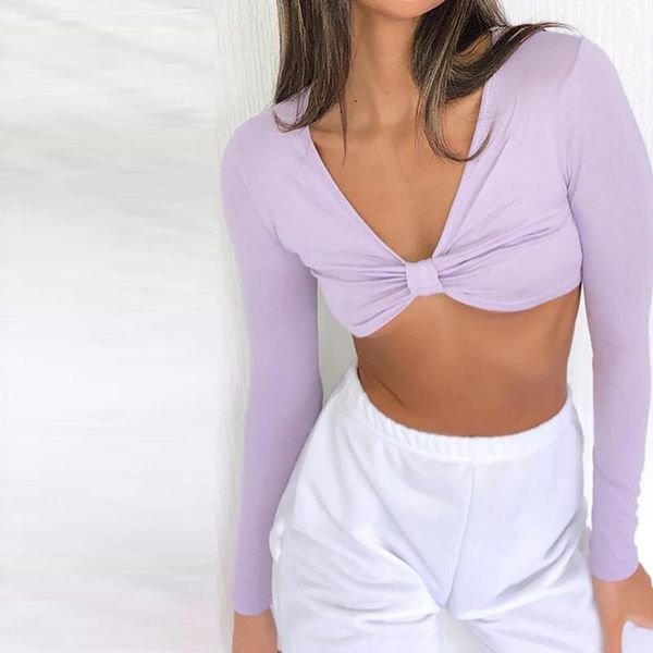 

women's t-shirt fashion navel bare long sleeve v-neck solid color purple, White