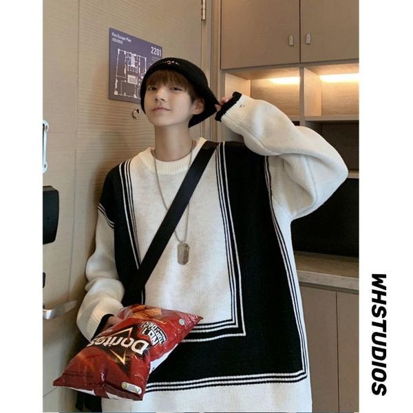 

men's sweaters o-neck ripped knitted sweater loose casual long sleeve hit color pullover all-match retro autumn winter trend clothes, White;black