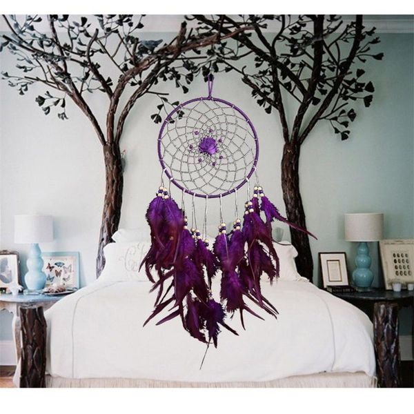 

decorative objects & figurines purple dream catchers feather crafts wind chimes handmade dreamcatcher net for wall hanging car home decor
