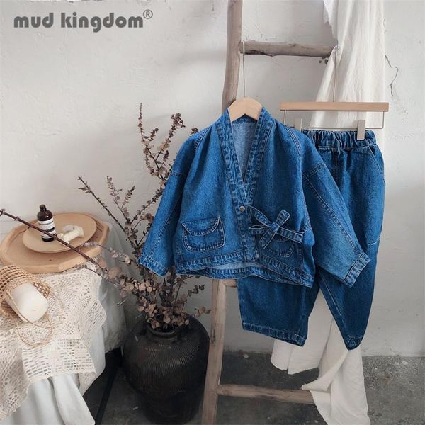 

clothing sets mudkingdom denim jacket pants girls set pockets belt long sleeve loose elastic waist jeans outfits for toddler autumn, White