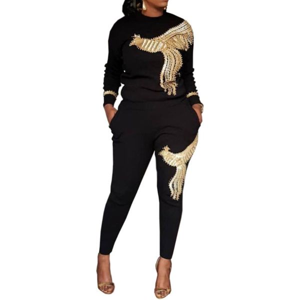 

women 2pcs fashion ribbed knitted sequin long sleeve sweater elastic waist pants women's two piece, White