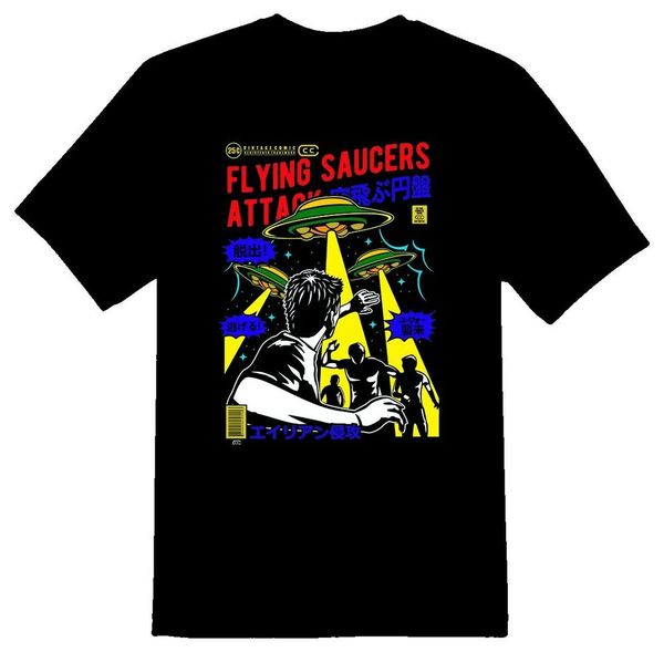 

flying saucers attack vintage comic ufo in color tee shirt black or white, White;black