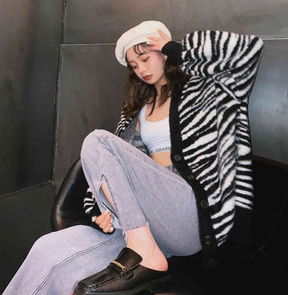 

women's sweaters casaco grosso de malha com decote em v, moda outono e inverno para mulheres, suÃ©ter solto listras zebra, 16ft, White;black