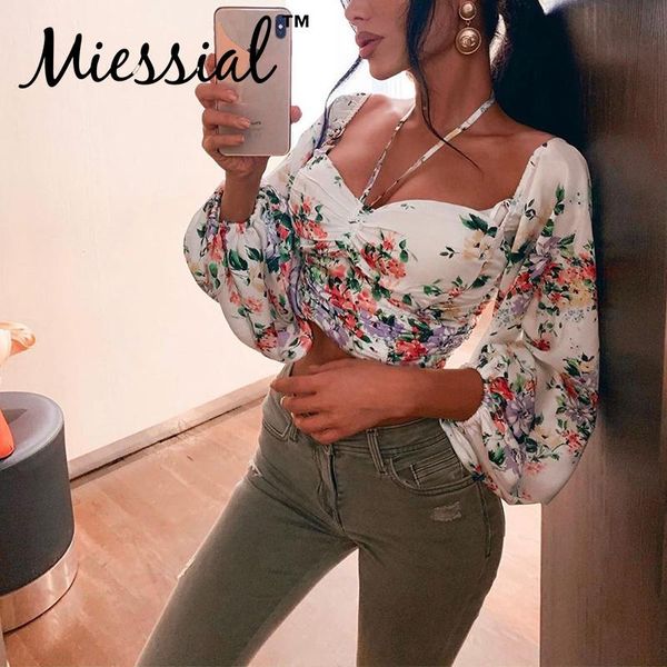 

women's blouses & shirts miessial floral print halter drawstring boho blouse shirt women long lantern sleeve elegant crop summer ho, White