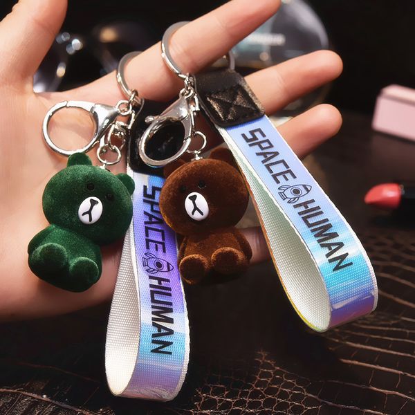 

2021 fashion keychain creative cartoon flocking bear fashion men and women car key chain ring bag pendant, Silver