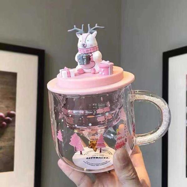 

220ml starbucks girls' day pink mugs christmas tree double heat-resistant glass cup with lid6h7g