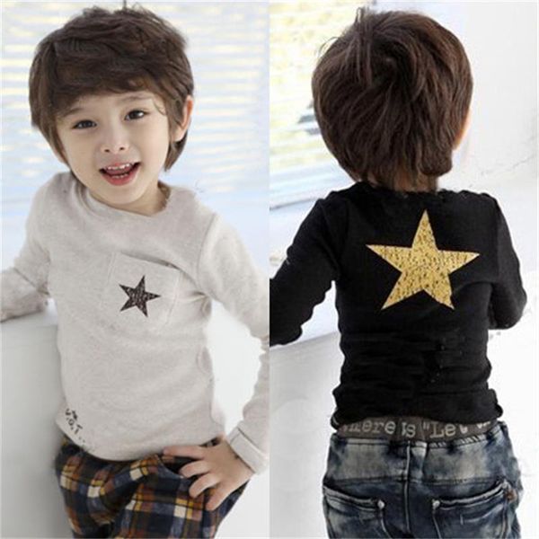 Uzun Kollu Yıldız Bebek Erkek T-Shirt Dibe Gömlek Gri Siyah Çocuk Tees Gömlek Tişörtü Çocuk Giyim Moda Tops 210413