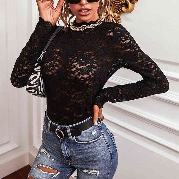 

women's knits & tees black lace bottoming shirt perspective long sleeve ladies hollow out slim fit blouse z3i3, White
