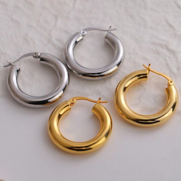 

hoop & huggie aensoa personality gold color copper hoops earring steampunk minimalist thick tube geometric round circle earrings for women, Golden;silver
