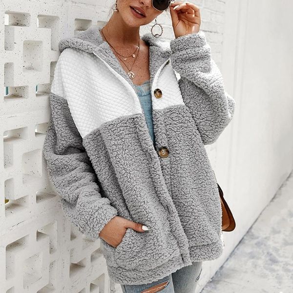 

women's hoodies & sweatshirts women stitching hoodie plush sweatshirt with pockets long sleeve buttons coat casual winter warm jacket, Black
