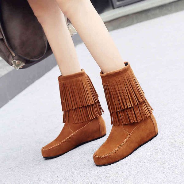 

boots womens mid-calf round toe hidden heel winter plush liner shoes black brown beads suede t110 62k2