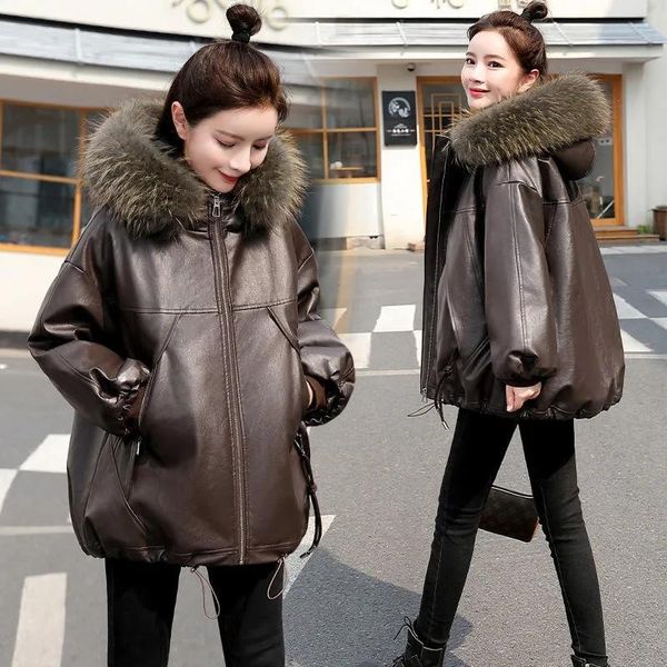 

women's leather & faux oversize 5xl fashion jacket parker est cotton 2021 female coat autumn/ winter short, Black