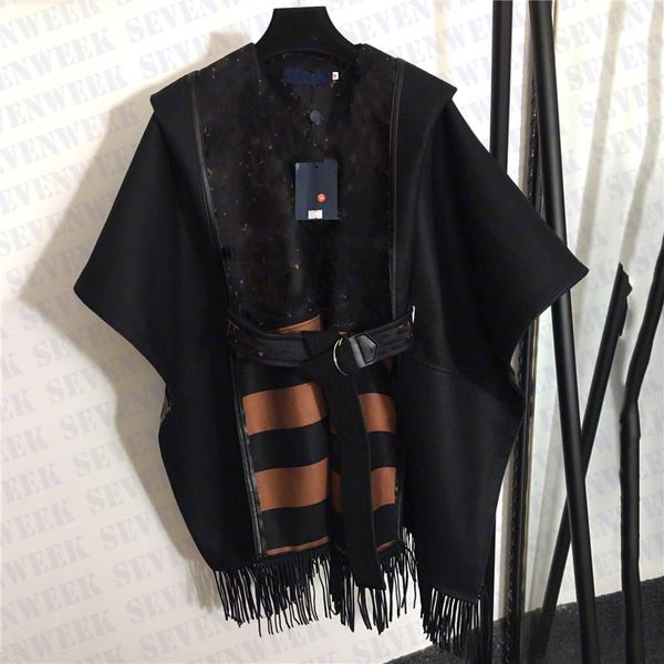 

designers womens hooded wool coats with belt batwing sleeve shawl keep warm fashion casual ladies coat for party wedding, Black