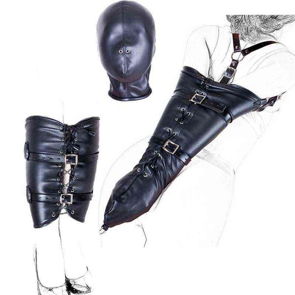 NXY SM bondage sm Bondage BDSM Restrizioni Gioco di ruolo Mani Polsi Braccio Gamba Legante Cappuccio Maschera PU Pelle Stretto Guanto singolo Costumi per adulti Giocattoli sessuali 1126