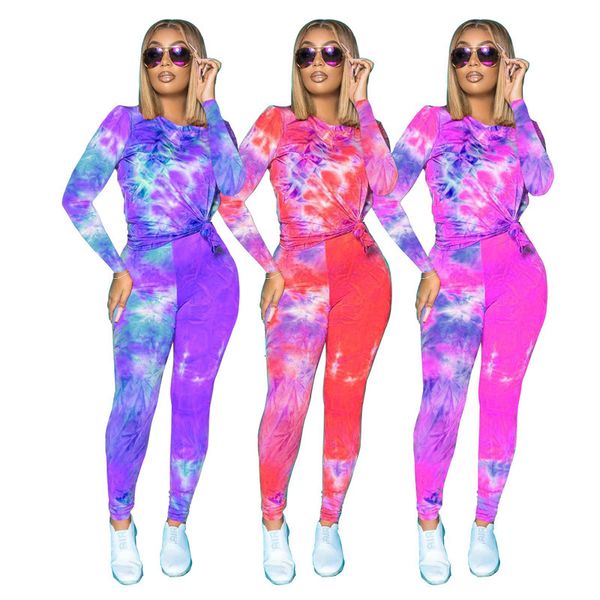 

women's tie dye two piece pants casual crew neck tracksuits slim designer womens 2pcs sets, Gray