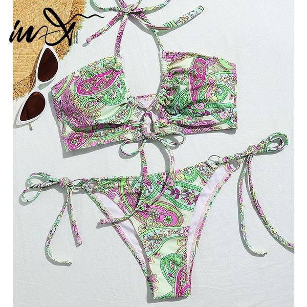 In-x Bandeau Swimsuit Женщины Paisley Bikini Halter Swimwear Женское струнное кольцо 2 куски установлено элегантное купальное костюм плавание женщин