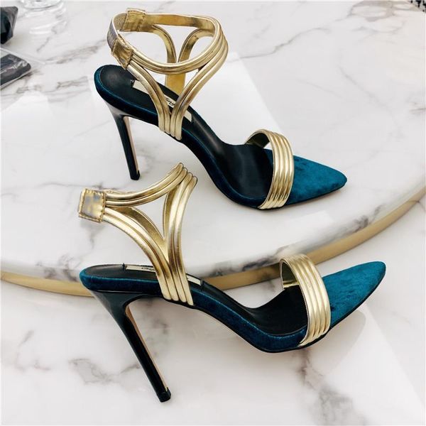 

fashion blue velvet gold buckle wrap strappy high heels sandals shoes 10cm, Black