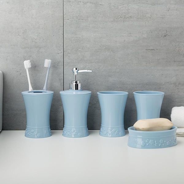

bath accessory set of 5 plastic bathroom accessories with toothbrush holder toothpaste dispenser case soap toilet shower storage