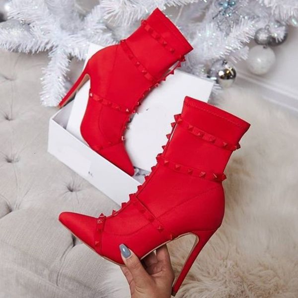 

dress shoes pointed toe ankle boots fashion women red thin high heel stretch fabric rivet short booties ladies 1obv, Black