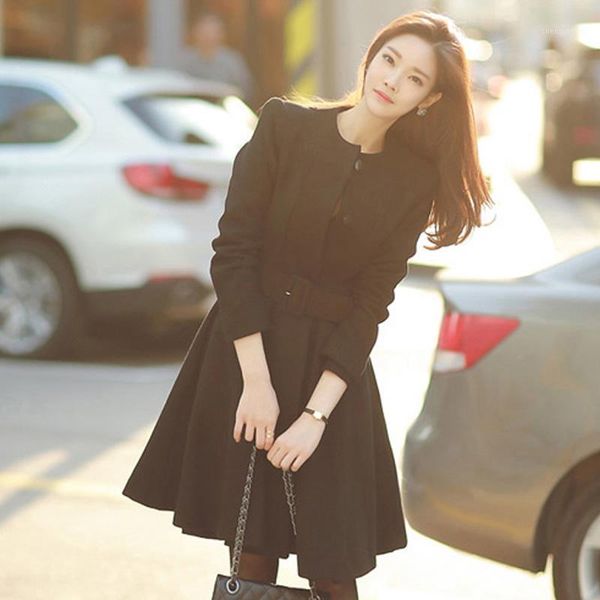 

winter wool blend black coat women vintage minimalist woolen overcoat single breasted office trench elegant korean with belt women's &
