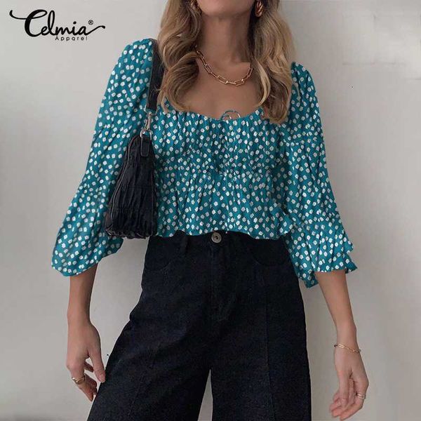 

women's blouses & shirts blouses celmia fashion puff sleeve women summer square collar casual floral printed ruffles lace-up b rrqg, White