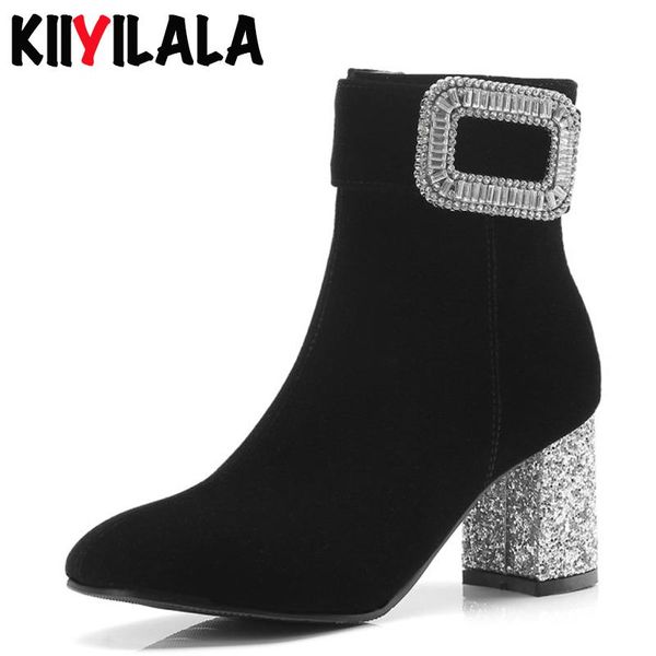 

boots kiiyilala crystal buckle woman side zipper bling hoof heels shoes square toe winter plus size ankle for women, Black