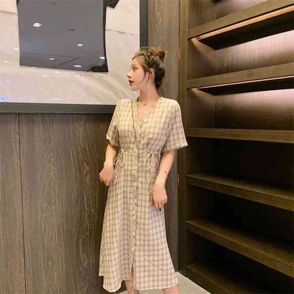 

women's summer plus size dress women's cotton and linen retro plaid dresses loose fit hip thigh thick skirt pl193 210506, Black;gray