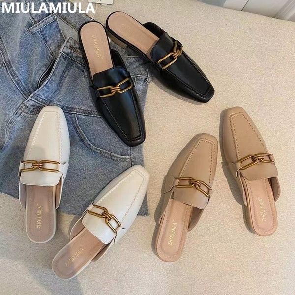 

fashion luxury metal chain flat leather slides women's slippers designer shoes slip on loafers mules flip flops outside, Black