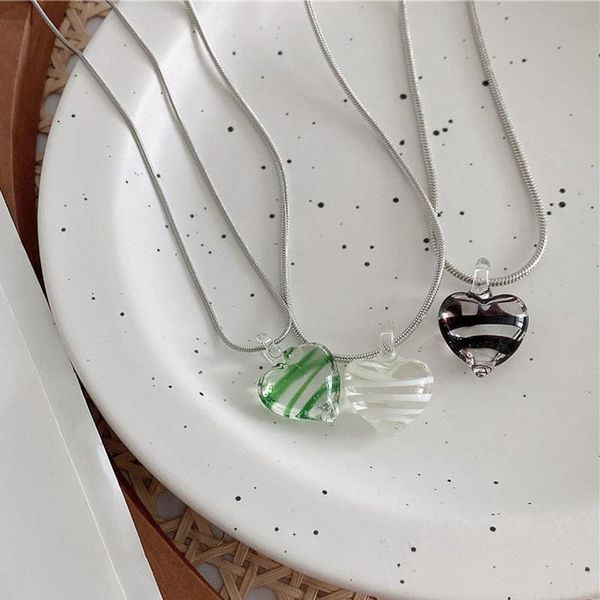 

pendant necklaces minar korean sweet multi coloured love heart necklace for women transparent resin stainless steel gifts, Silver