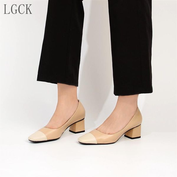 

plus size 34-43 genuine leather women shoes thick with high heels pumps spell color single wedding party office and career dress, Black