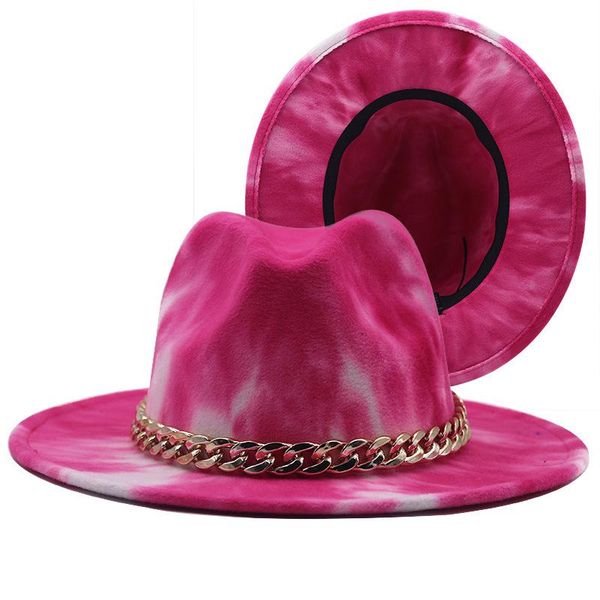 

wide brim hats tie-dyed faux wool felt fedora with golden chain women men jazz cap panama party formal hat, Blue;gray