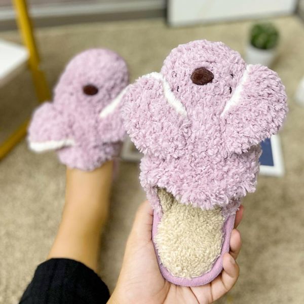 

slippers women's winter home fashion solid color cartoon dog plush warm casual ladies bedroom flat floor slides #40, Black