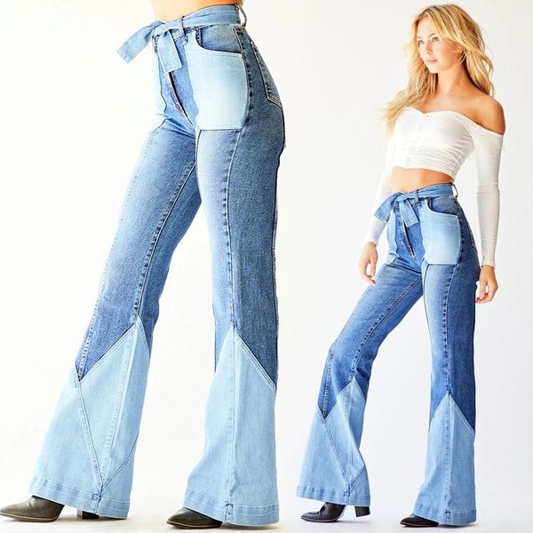 

stitching belt european and beautiful denim flared pants dropship retro high waist two-color jeans women's, Blue