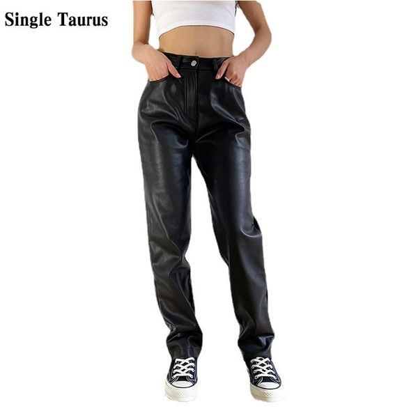 

women's pants & capris female faux leather cargo 2021 loose england black high waist pu pockets fashion straight trousers streetwear, Black;white