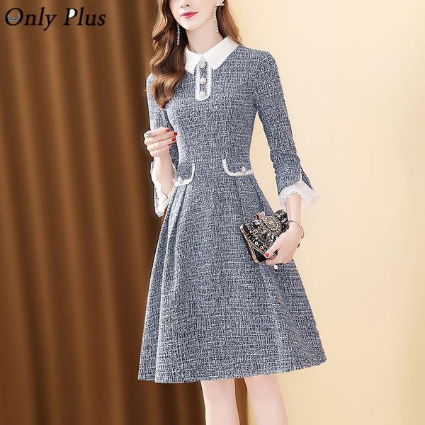 

casual dresses itoolin vintage office lady tweed knee dress for women flare sleeve winter elegant pleat a-line turn down collar, Black;gray