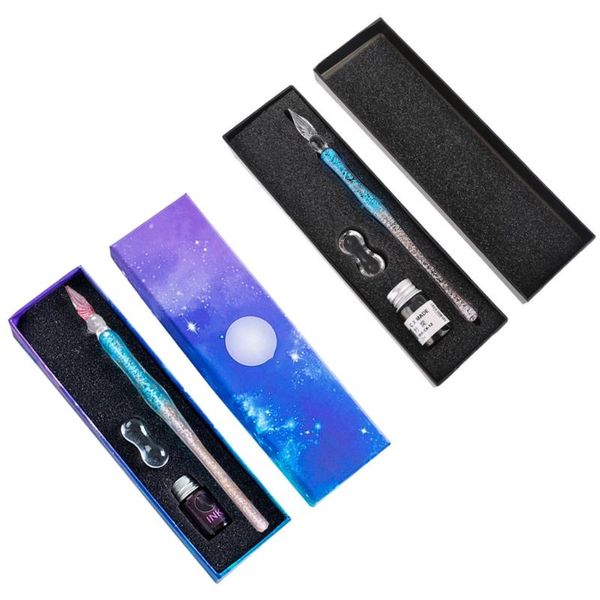

gradient starry sky glass fountain dip pen holder signature ink calligraphy box pens