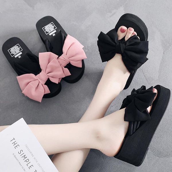

slippers 6cm high heel women's fashion wear casual sandals and summer elegant bow womens indoor, Black