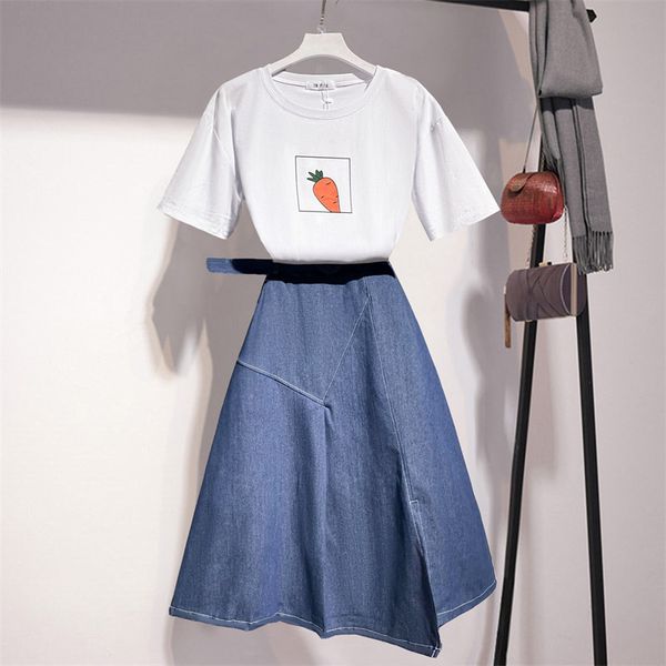 

women's suit summer short-sleeved t-shirt mid-length high-waist denim half-length skirt fashion two-piece 210525, White
