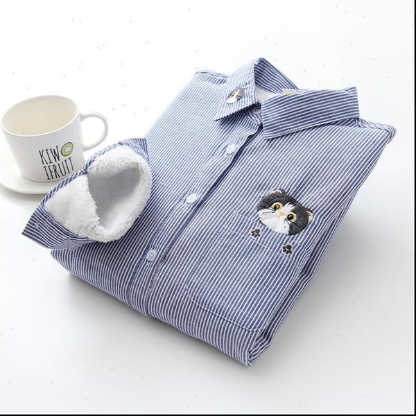 

winter keep warm cotton embroidery womens blouses stripe fashion long sleeve pocket velvet shirt blusas feminina, White