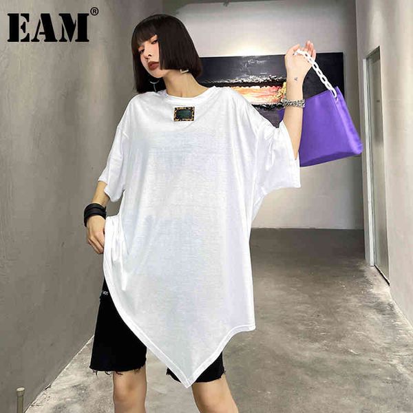 

[eam] women white irregular hem big size long t-shirt round neck half sleeve fashion spring suummer 1dd7934 21512
