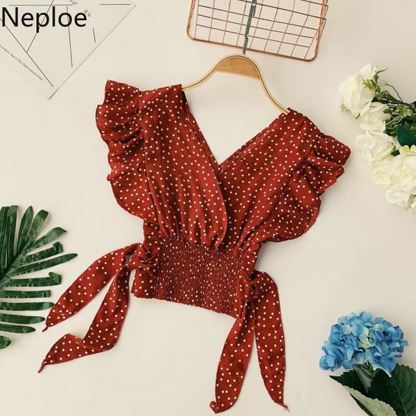 

neploe polka dot blouse women sweet v neck short sleeve ladies blusa shirts fashion casual lace up slim waist female 1d579 210423, White