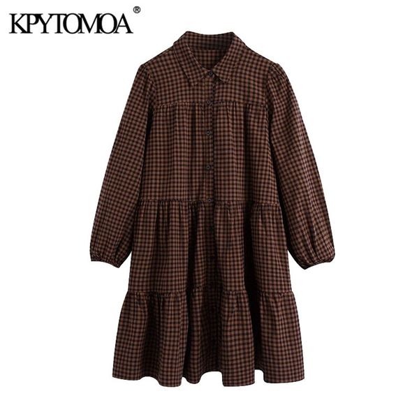 

women fashion ruffled check mini dress three quarter sleeve button-up plaid female dresses vestidos mujer 210420, White